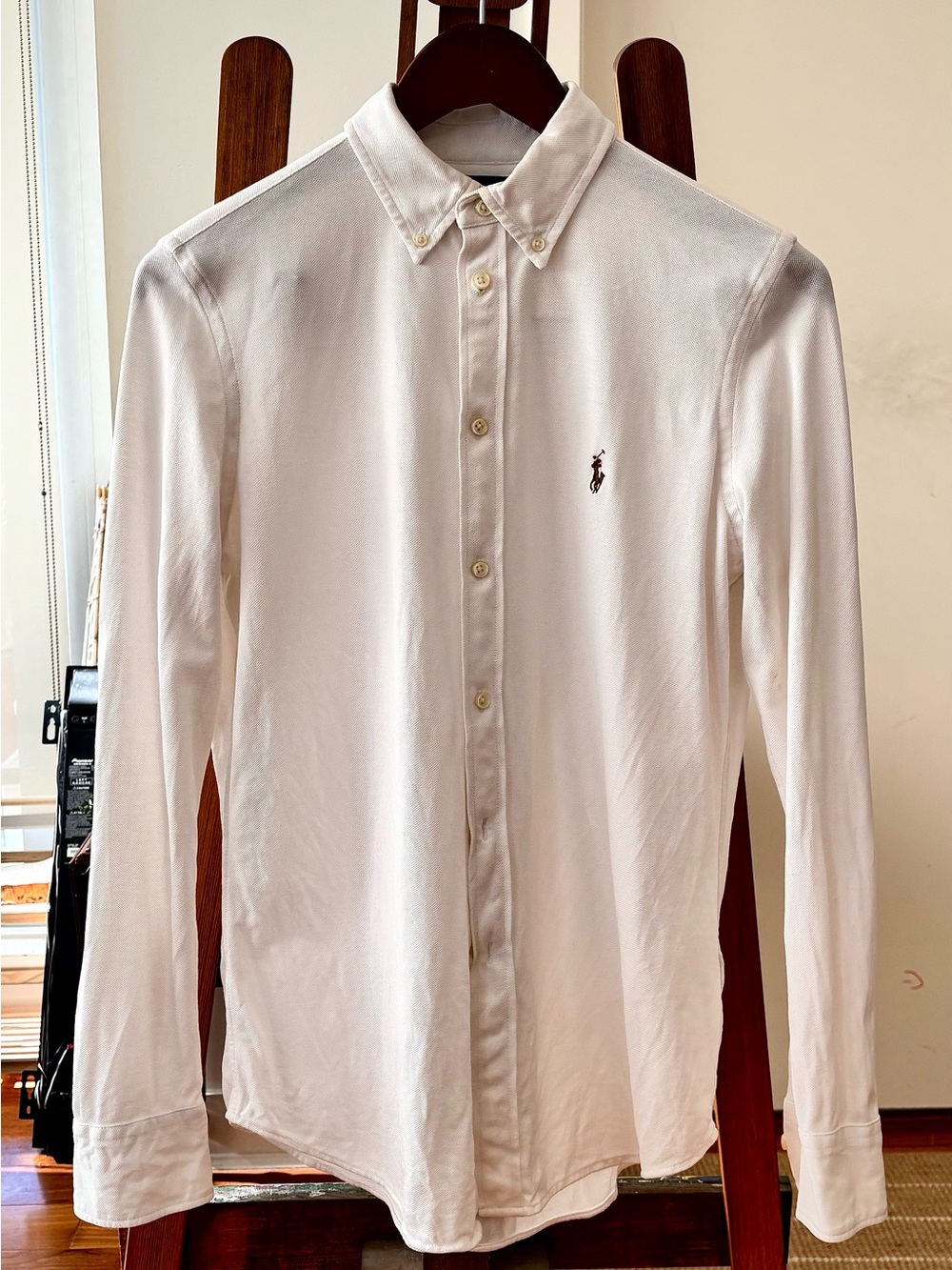 Ralph Lauren Women's White Knit Oxford Long Sleeve Polo Shirt L